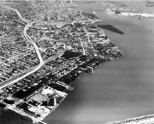 Aerial view of Miami in 1969, note the undeveloped Brickell Key.