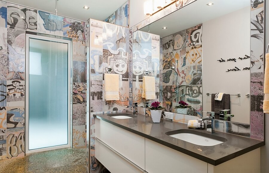 The amazing 18 inch tiles in this bathroom were inspired by Banksy, one of the best street artists in the World - Graffiti in interior design