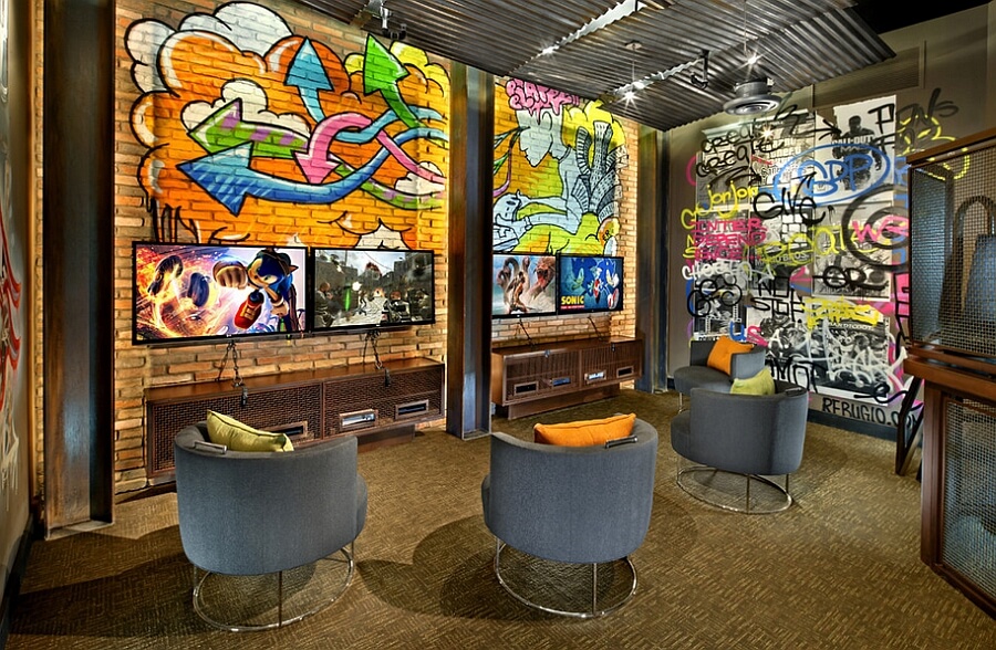 Amazing home theatre that implements street art and corrugated metal - Graffiti in interior design